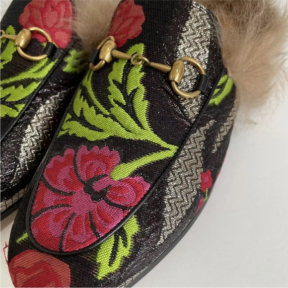 Gucci Princetown Brocade Fur Trim Floral Mule Size 36 Black Anthracite Loafers - Picture 5 of 9